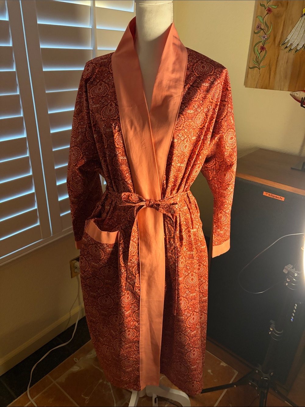 🧡🤎TF Designs Hawaii Handmade Orange Paisley Bathrobe W/ Matching Belt Size L